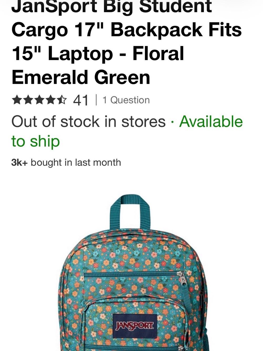 JanSport Floral Emerald Green Big Student Backpack